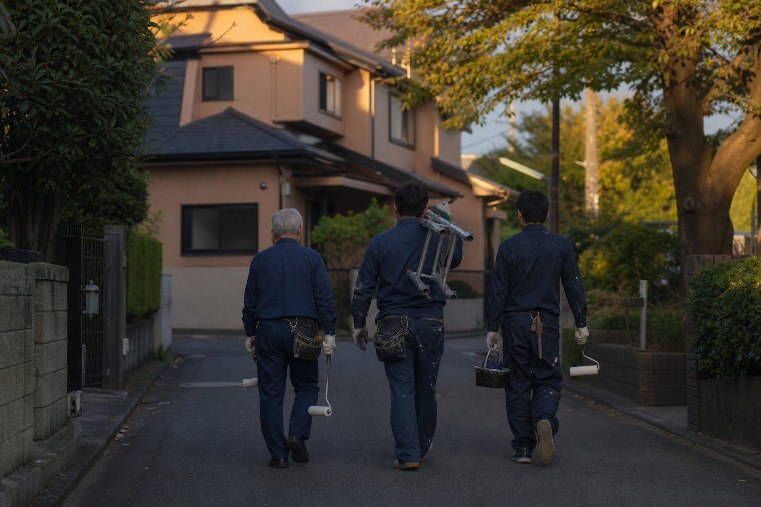 三代続く馬場塗装店の3人の職人が武蔵野の住宅街を歩く後ろ姿